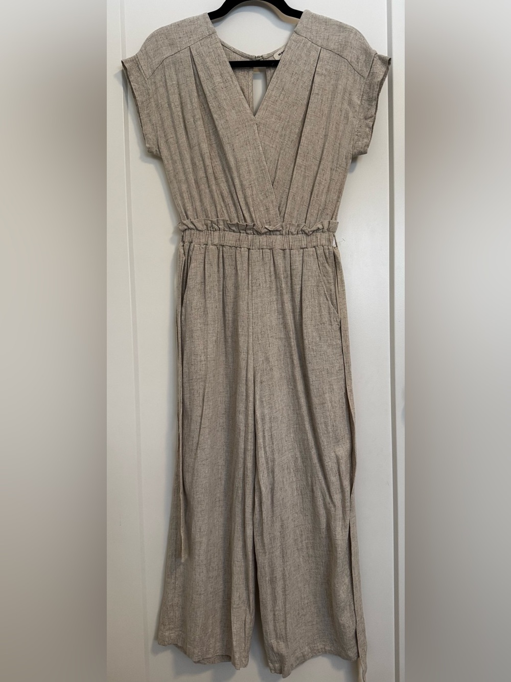 Light Taupe Linen-Blend Jumpsuit - Casual V-Neck